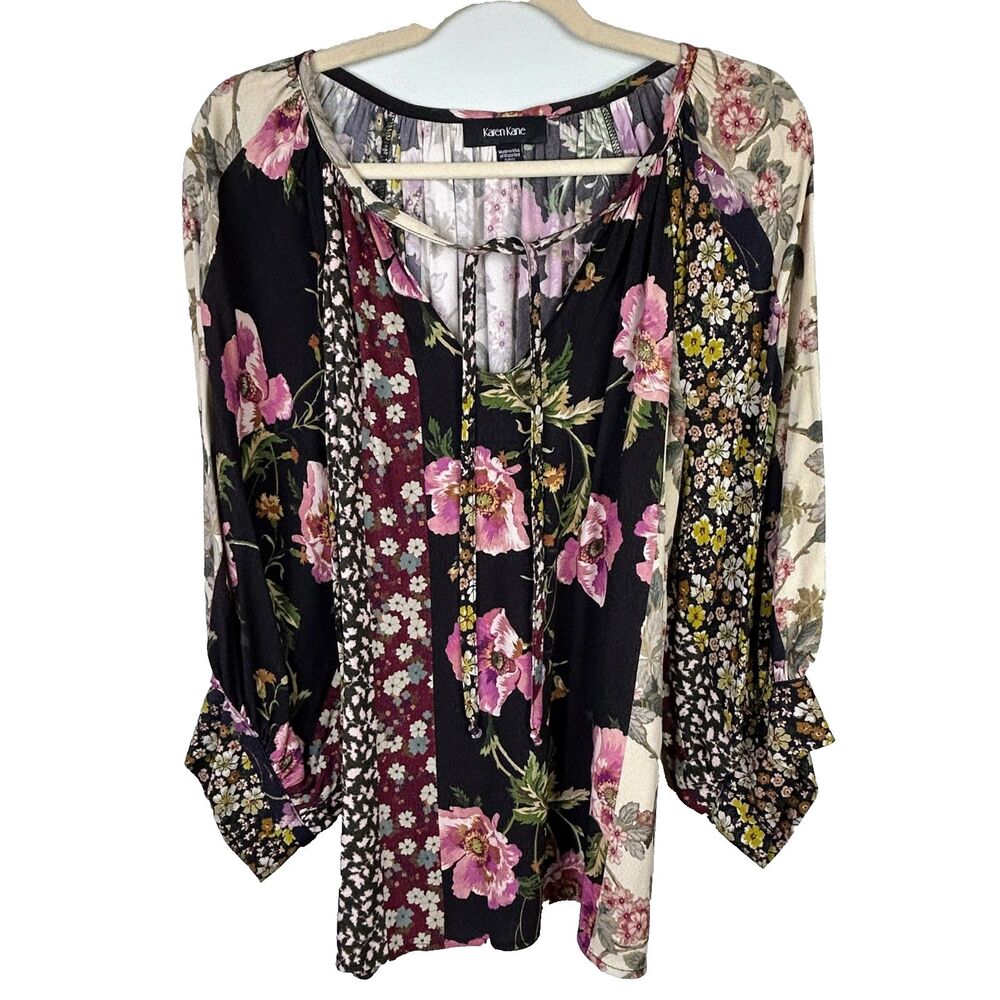 Karen Kane Blouson Sleeve Tie Neck Blouse Top Black Pink Floral Patchwork Boho S